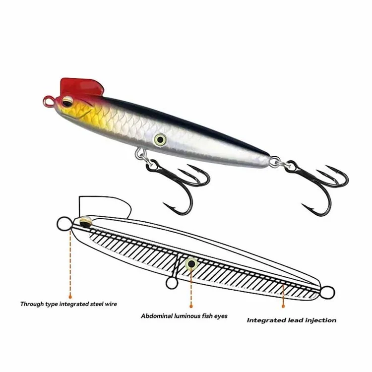 10g Fishing Lure Sinking Pencil Lure Hard Bait Popper 7.5cm Long Fishing Hook - Rot+Silber