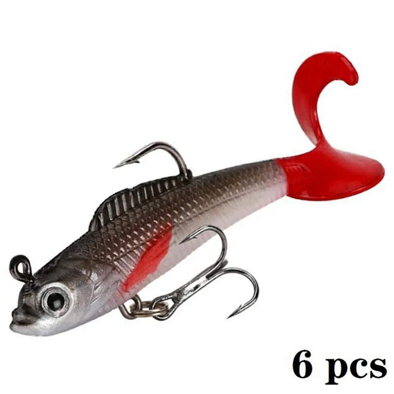 6 Weiche Angelköder 9cm 9,5g 3D-Augen Roter Lockenschwanz Bleiköder mit Aufbewahrungsbox - BQY87B