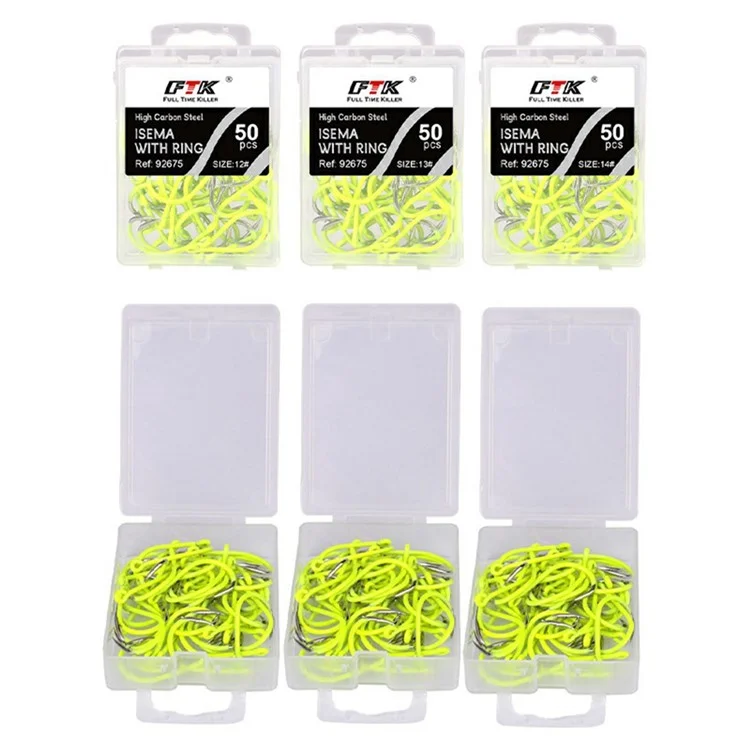 FTK 50 Stück Barbed Sea Fishing Hook Hochkohlenstoffstahl Fluoreszierende Fischhaken - Größe 1