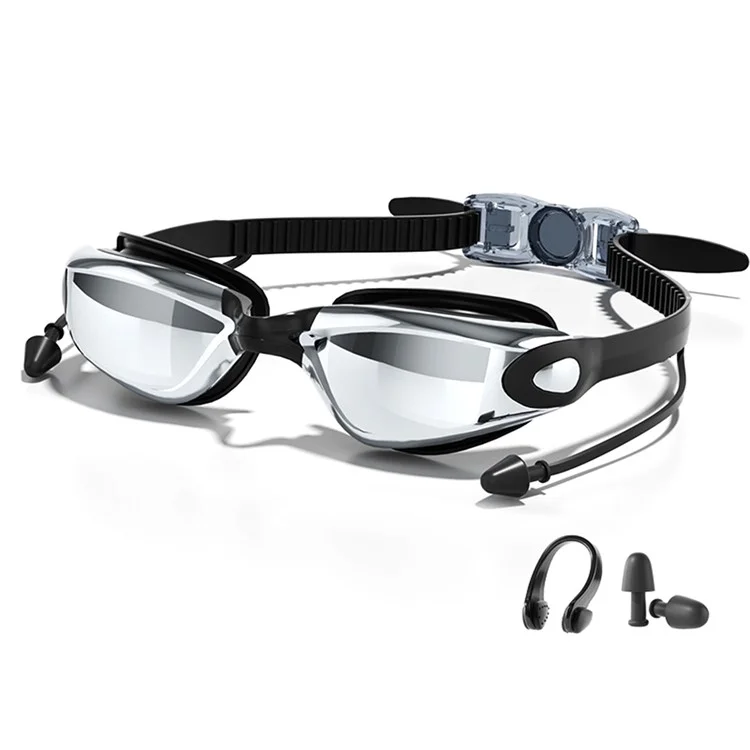 Adult Swimming Goggles with S / L Nose Bridge Nose Clip Ear Plugs Set Anti Fog Swim Glasses - Black Electroplated