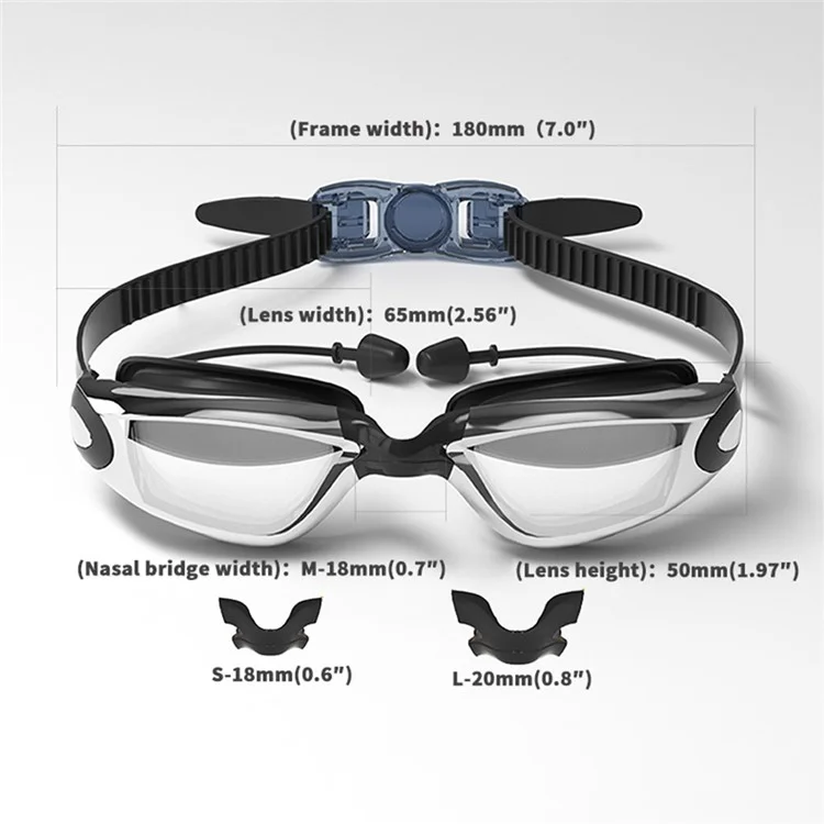 Adult Swimming Goggles with S / L Nose Bridge Nose Clip Ear Plugs Set Anti Fog Swim Glasses - Black Electroplated