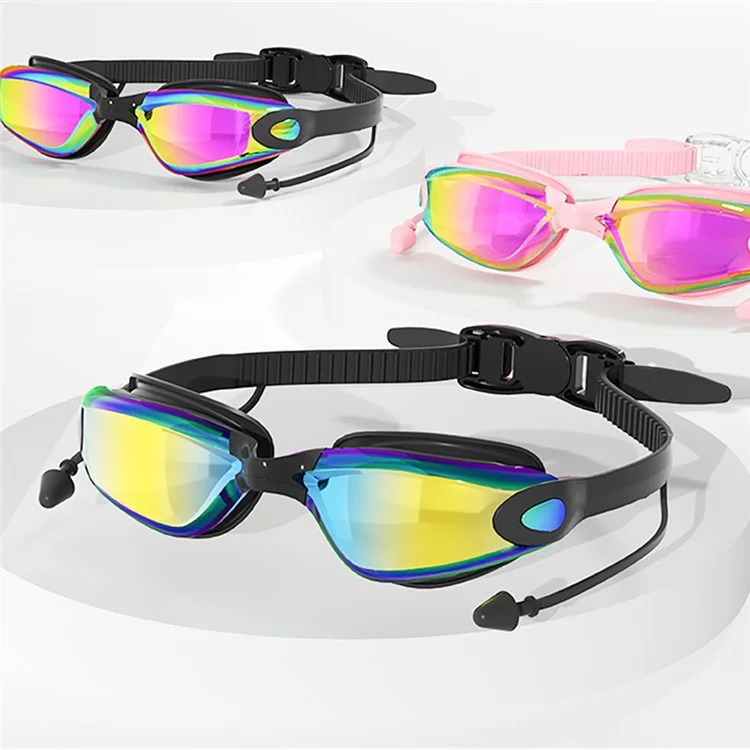 Adult Swimming Goggles with S / L Nose Bridge Nose Clip Ear Plugs Set Anti Fog Swim Glasses - Black Electroplated