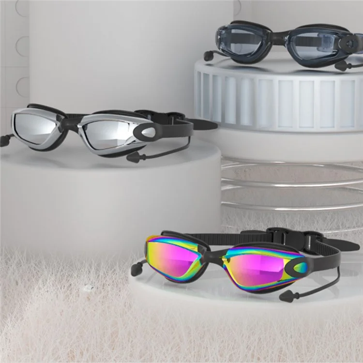 Adult Swimming Goggles with S / L Nose Bridge Nose Clip Ear Plugs Set Anti Fog Swim Glasses - Black Electroplated