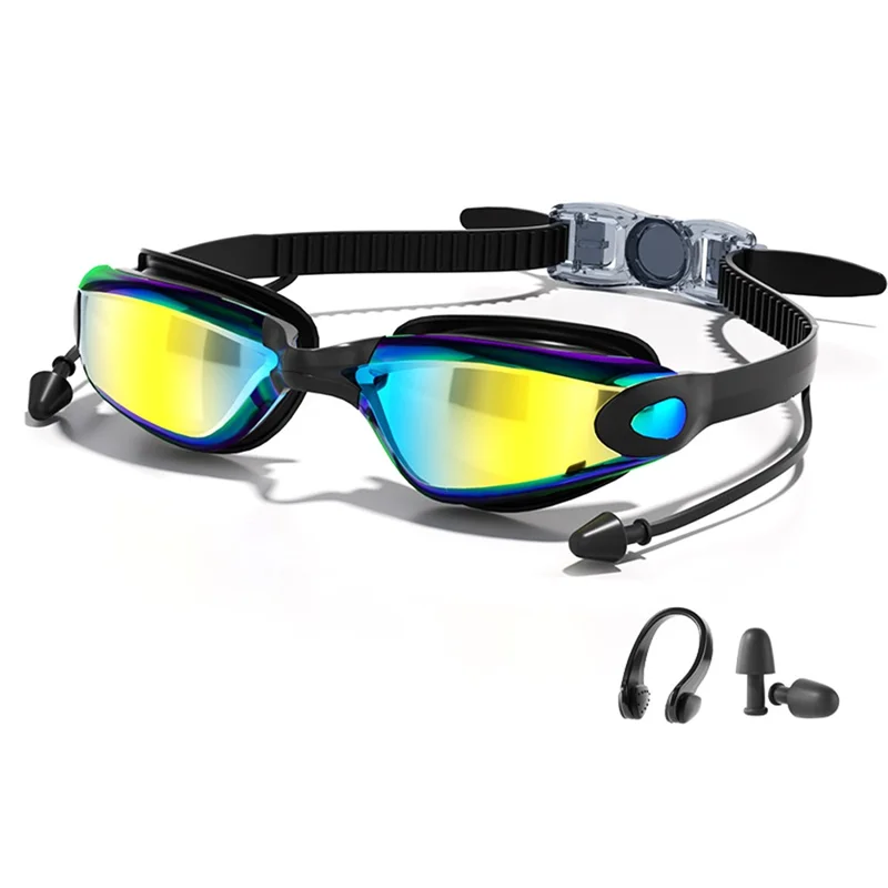 Adult Swimming Goggles with S / L Nose Bridge Nose Clip Ear Plugs Set Anti Fog Swim Glasses - Colorful Black