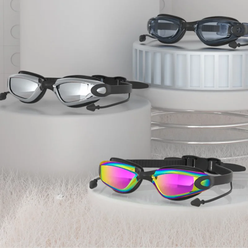 Adult Swimming Goggles with S / L Nose Bridge Nose Clip Ear Plugs Set Anti Fog Swim Glasses - Colorful Black