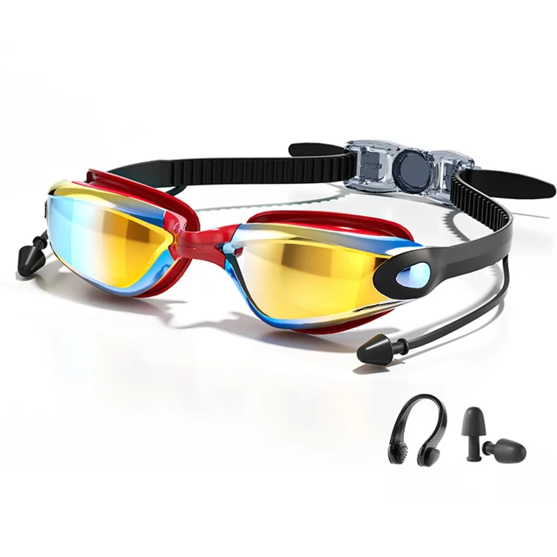 Adult Swimming Goggles with S / L Nose Bridge Nose Clip Ear Plugs Set Anti Fog Swim Glasses - Colorful Red