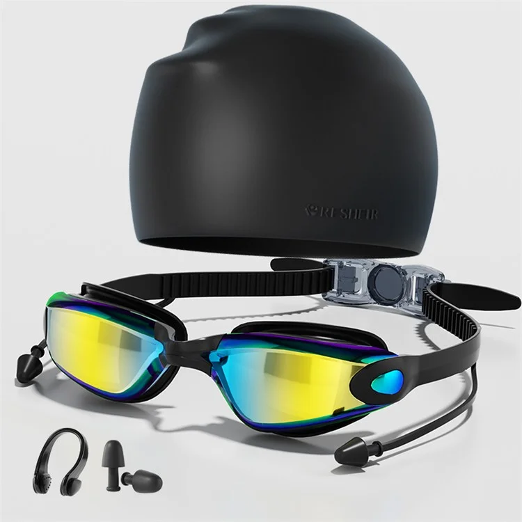 RESHEIR Anti Fog Adults Swimming Goggles Silicone Swim Cap with S  /  L Nose Bridge Nose Clip Ear Plugs - Colorful Black