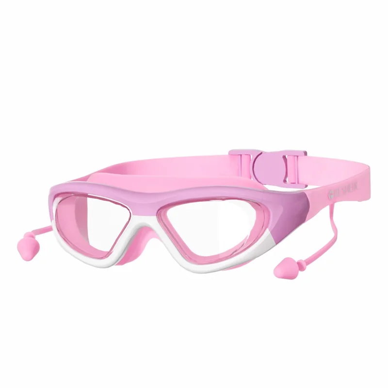 RESHEIR Para Crianças Óculos de Natação com Armação Grande, Anti-Embaçante, Visão Ampla, com Tampões de Ouvido - Roxo+Rosa