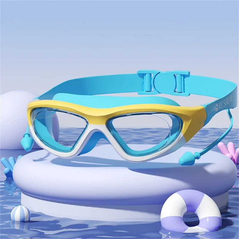 RESHEIR Large Frame Swimming Goggles with Ear Plugs for Kids Anti Fog Wide Vision Swim Glasses, with Storage Box - Blue+Yellow