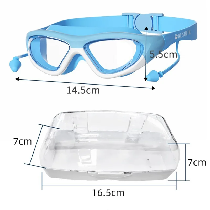 RESHEIR Large Frame Swimming Goggles with Ear Plugs for Kids Anti Fog Wide Vision Swim Glasses, with Storage Box - Blue+Yellow