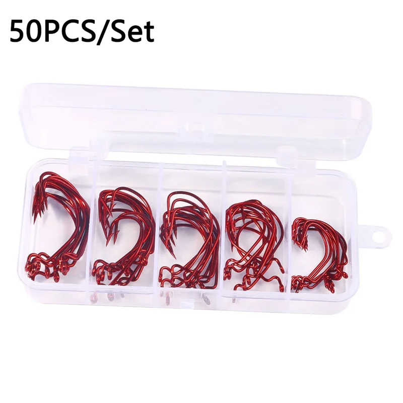 50Pcs / Set Fishing Hooks High Strength Sharp Barbed Offset Hook for Freshwater Saltwater Fishing - Red