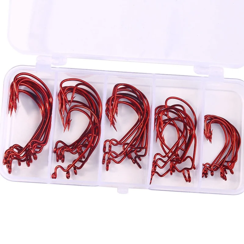 50Pcs / Set Fishing Hooks High Strength Sharp Barbed Offset Hook for Freshwater Saltwater Fishing - Red