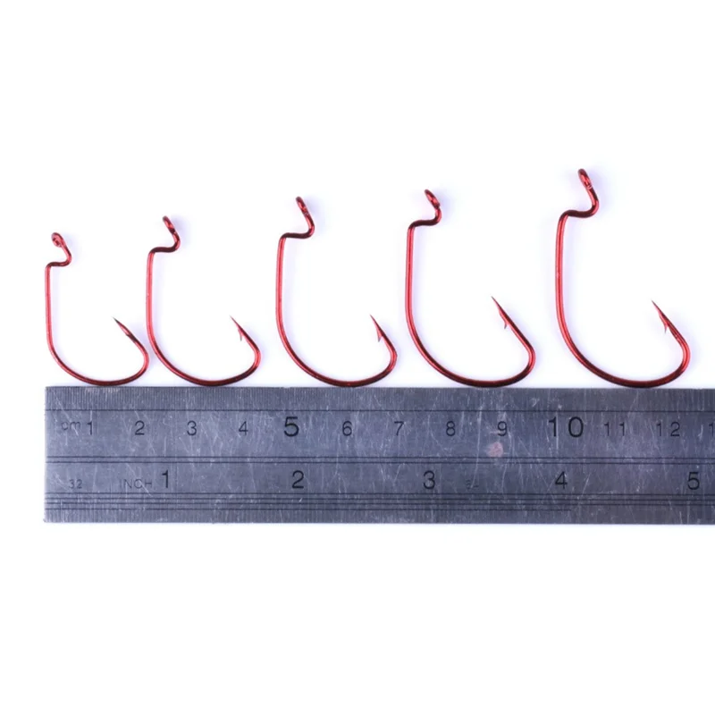 50Pcs / Set Fishing Hooks High Strength Sharp Barbed Offset Hook for Freshwater Saltwater Fishing - Red