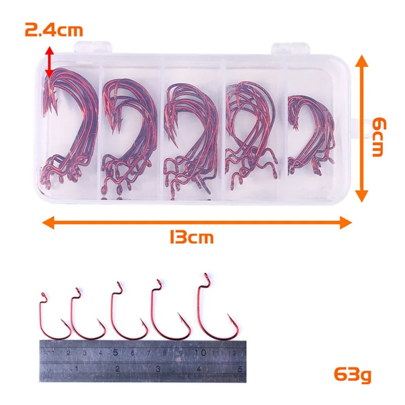 50Pcs / Set Fishing Hooks High Strength Sharp Barbed Offset Hook for Freshwater Saltwater Fishing - Red