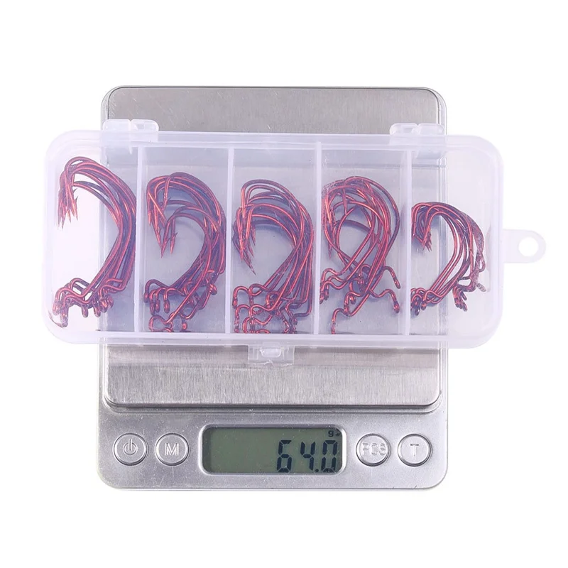 50Pcs / Set Fishing Hooks High Strength Sharp Barbed Offset Hook for Freshwater Saltwater Fishing - Red