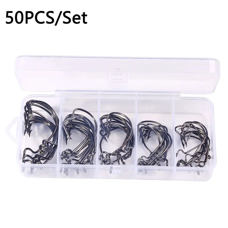 50Pcs / Set Fishing Hooks High Strength Sharp Barbed Offset Hook for Freshwater Saltwater Fishing - Black