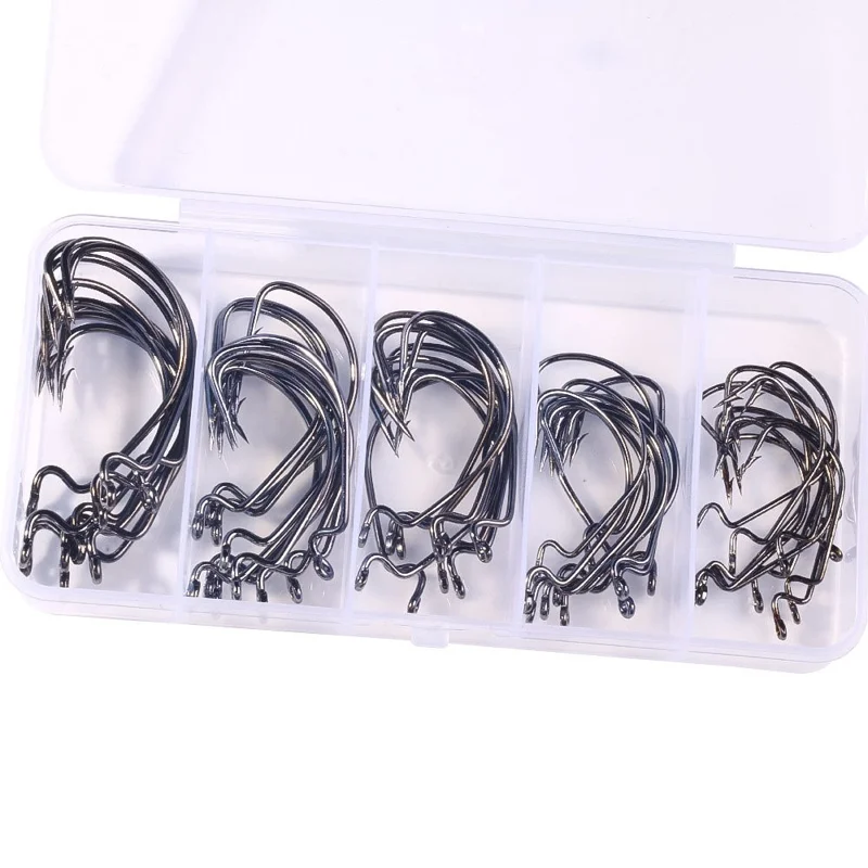 50Pcs / Set Fishing Hooks High Strength Sharp Barbed Offset Hook for Freshwater Saltwater Fishing - Black