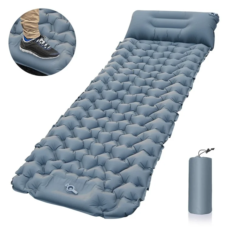 Foot Pump Portable Sleeping Pad Outdoor Camping Hiking Inflatable Air Mattress with Pillow - Grey