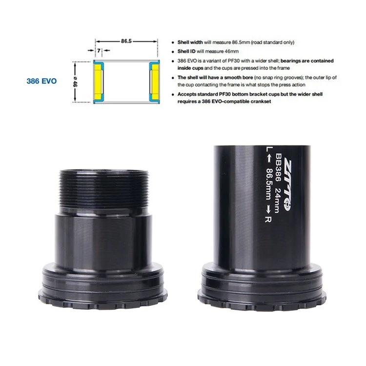 Boîtier de pédalier en alliage d'aluminium + céramique ZTTO BB386 (diamètre extérieur : 46 mm, diamètre intérieur : 24 mm) - Noir céramique