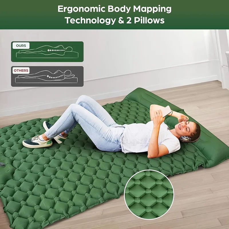 GM-SR01 Double Sleeping Mat 190x122cm Inflatable Camping Mattress Built-in Pump with Pillows - Army Green