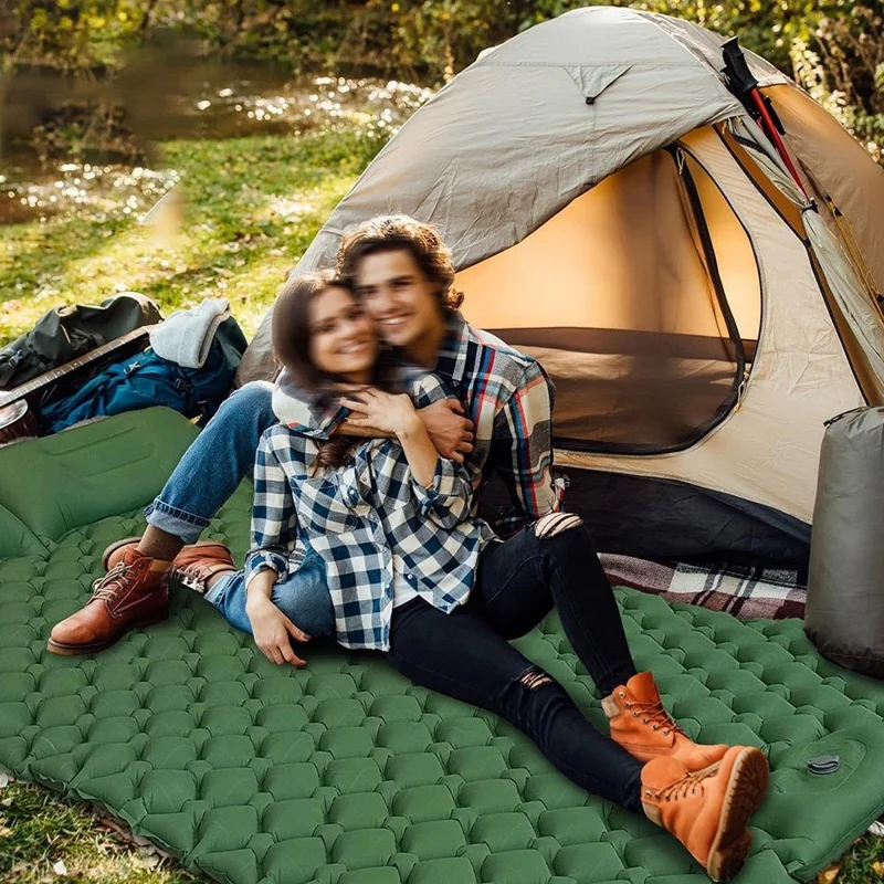 GM-SR01 Double Sleeping Mat 190x122cm Inflatable Camping Mattress Built-in Pump with Pillows - Army Green