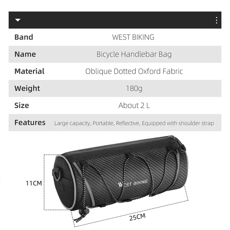 WEST BIKING YP0707383 2L Large Capacity Bicycle Handlebar Bag with Shoulder Strap