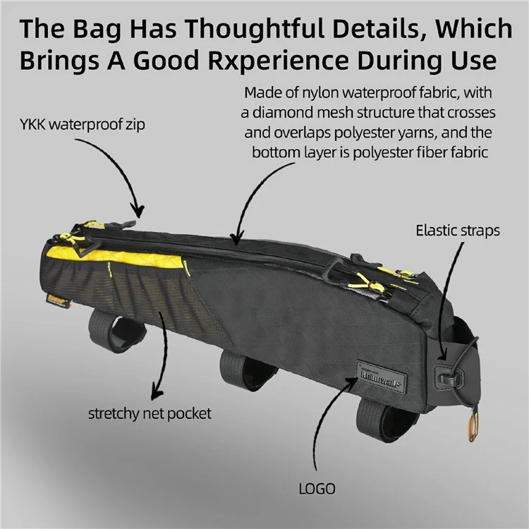 RHINOWALK BHD0015 Lengthened Bicycle Top Tube Bag Bike Front Beam Nylon Storage Bag, 44x5.5x10cm - Black