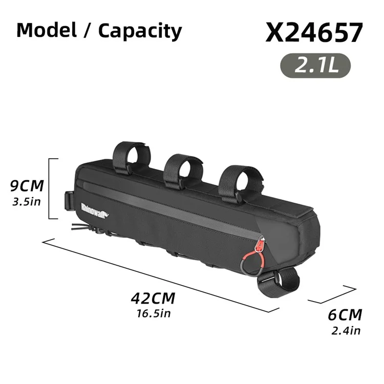 RHINOWALK X24657 Borsa per telaio bici 2.1L impermeabile, borsa sottotuba triangolare per bicicletta, Dimensione S: 42x6x9cm - Nera