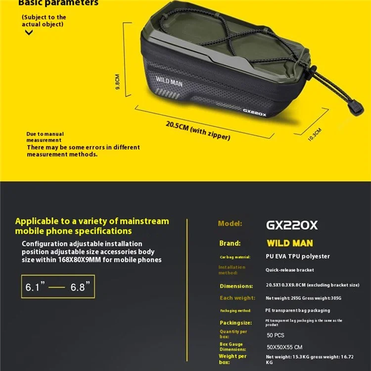 WILD MAN GX220X 1L Hard Shell Mountain Bike Front Beam Bag Quick Release Bicycle Top Tube Bag - Grey