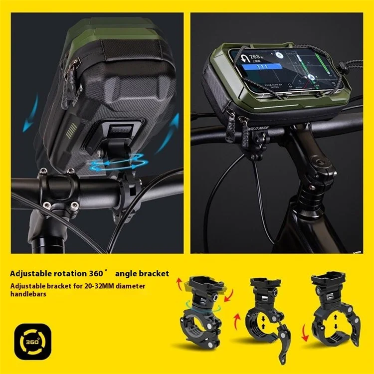 WILD MAN GX330 0.6L Quick Release Hard Shell Mountain Bike Handlebar Bag with Elastic Phone Holder - Army Green