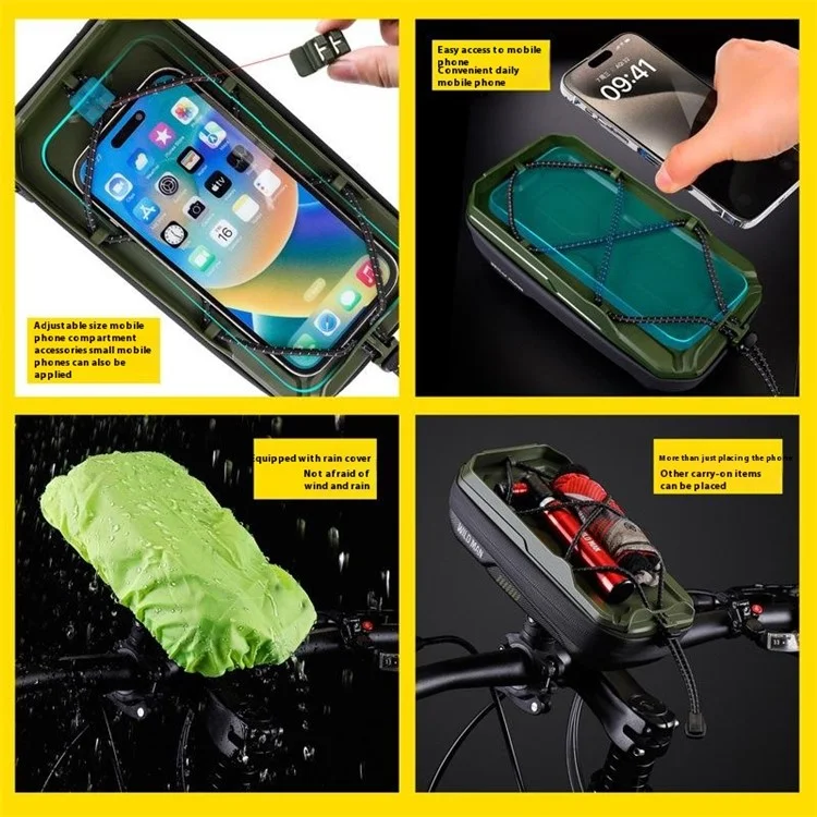 WILD MAN GX330 0.6L Quick Release Hard Shell Mountain Bike Handlebar Bag with Elastic Phone Holder - Army Green