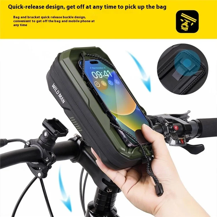 WILD MAN GX330 0.6L Quick Release Hard Shell Mountain Bike Handlebar Bag with Elastic Phone Holder - Army Green