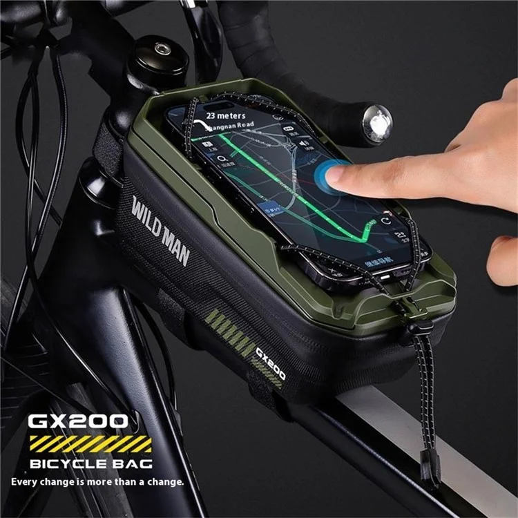 WILD MAN GX200 Bolsa de cuadro delantera para bicicleta de montaña de 1L, carcasa rígida de EVA, bolsa para teléfono en el tubo superior - Negro