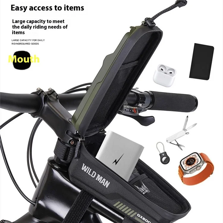 WILD MAN GX200 Bolsa de cuadro delantera para bicicleta de montaña de 1L, carcasa rígida de EVA, bolsa para teléfono en el tubo superior - Negro