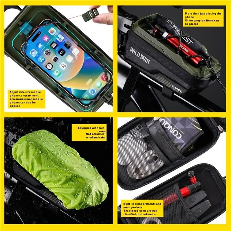 WILD MAN GX200 Bolsa de cuadro delantera para bicicleta de montaña de 1L, carcasa rígida de EVA, bolsa para teléfono en el tubo superior - Negro