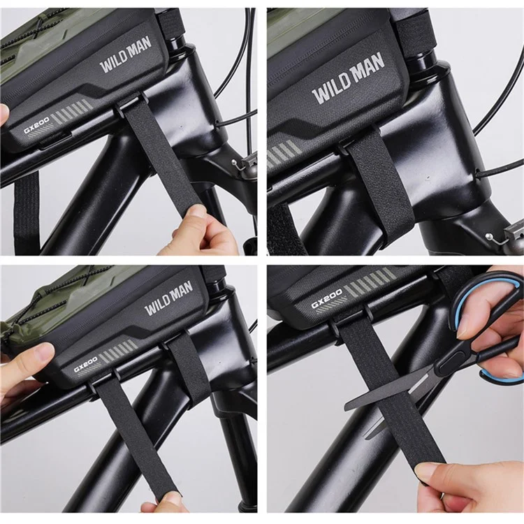 WILD MAN GX200 Bolsa de cuadro delantera para bicicleta de montaña de 1L, carcasa rígida de EVA, bolsa para teléfono en el tubo superior - Negro