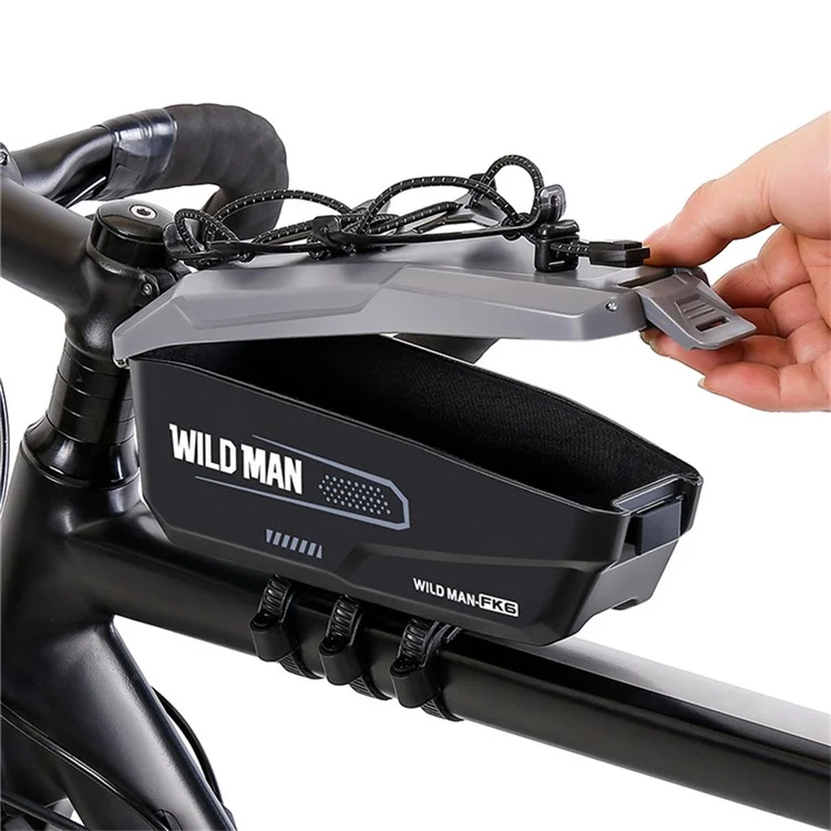 WILD MAN FK6 1L Sacoche de Cadre de Vélo Pochette de Tube Avant avec Coque en PC à Libération Rapide et Sangle Élastique Support de Téléphone - Noir+Gris