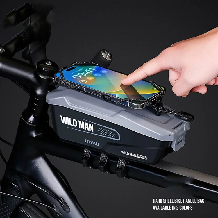 WILD MAN FK6 1L Sacoche de Cadre de Vélo Pochette de Tube Avant avec Coque en PC à Libération Rapide et Sangle Élastique Support de Téléphone - Noir+Gris