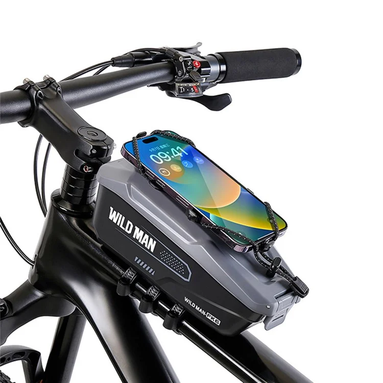 WILD MAN FK6 1L Sacoche de Cadre de Vélo Pochette de Tube Avant avec Coque en PC à Libération Rapide et Sangle Élastique Support de Téléphone - Noir+Gris