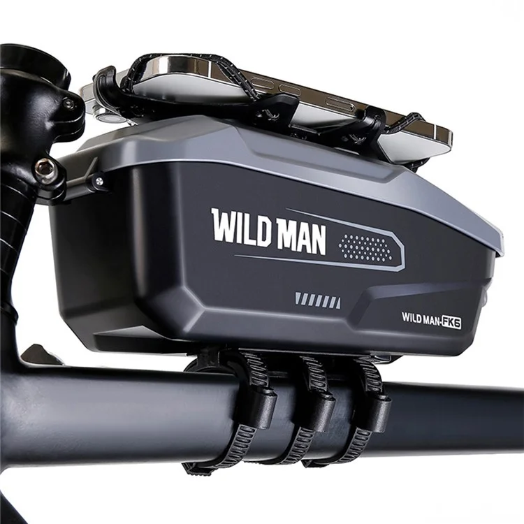 WILD MAN FK6 1L Sacoche de Cadre de Vélo Pochette de Tube Avant avec Coque en PC à Libération Rapide et Sangle Élastique Support de Téléphone - Noir+Gris