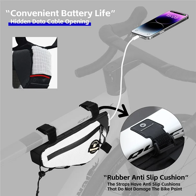 RHINOWALK Road Bike Triangle Frame Bag Waterproof Cycling Bag with Hidden Cable Port - White