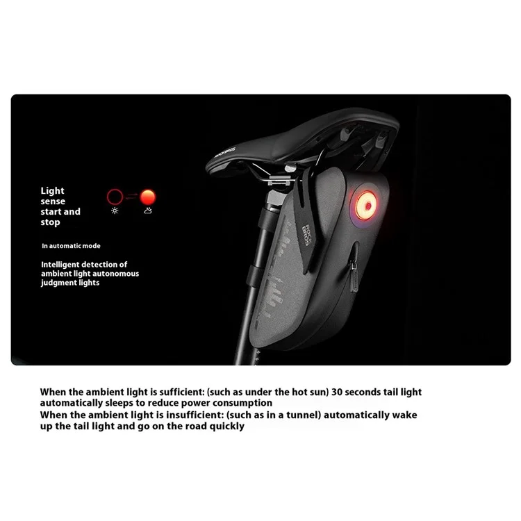 ROCKBROS 0.8L Waterproof Bike Saddle Bag with Smart Brake Sensing Taillight for Night Riding