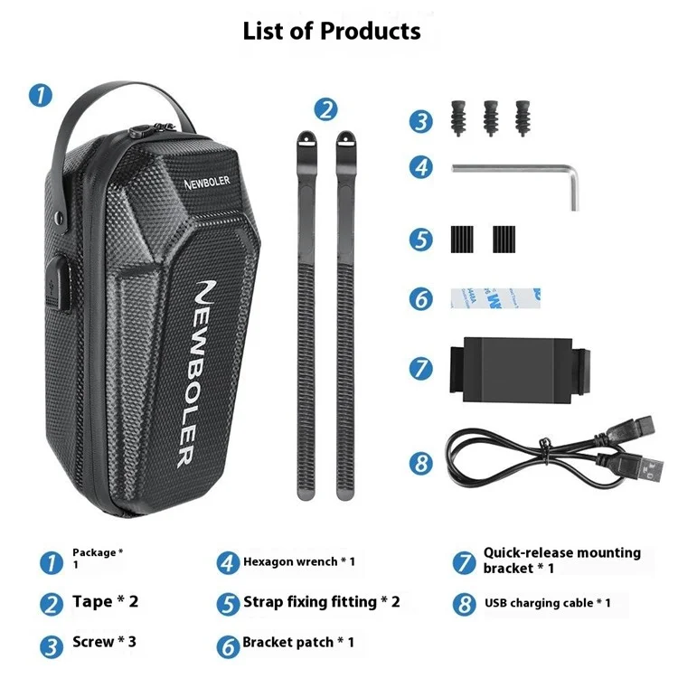 NEWBOLER BIKF-BAG843 Sacoche de guidon 3L étanche pour trottinette électrique et vélo - Coque rigide EVA avec port USB