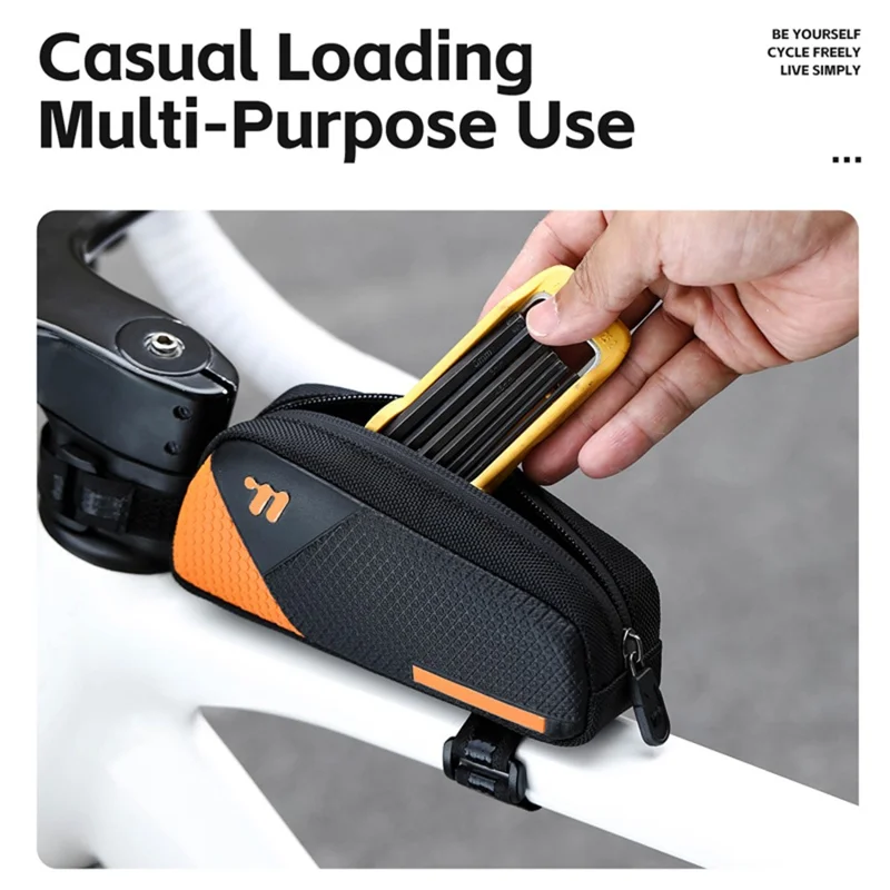 WEST BIKING YP0707414 3D Embossing PU Leather Bicycle Top Tube Bag Waterproof Bike Frame Bag - Black  /  Orange