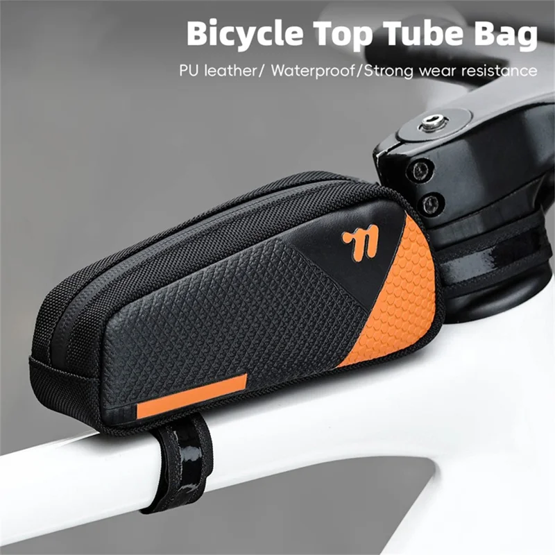 WEST BIKING YP0707414 3D Embossing PU Leather Bicycle Top Tube Bag Waterproof Bike Frame Bag - Black  /  Orange