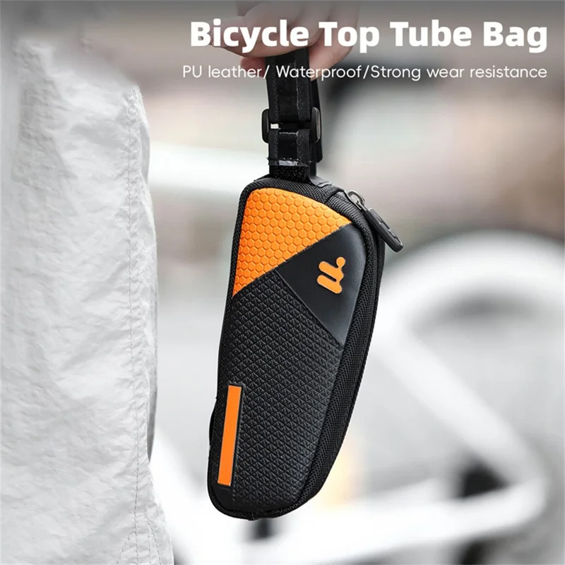 WEST BIKING YP0707414 3D Embossing PU Leather Bicycle Top Tube Bag Waterproof Bike Frame Bag - Black  /  Orange