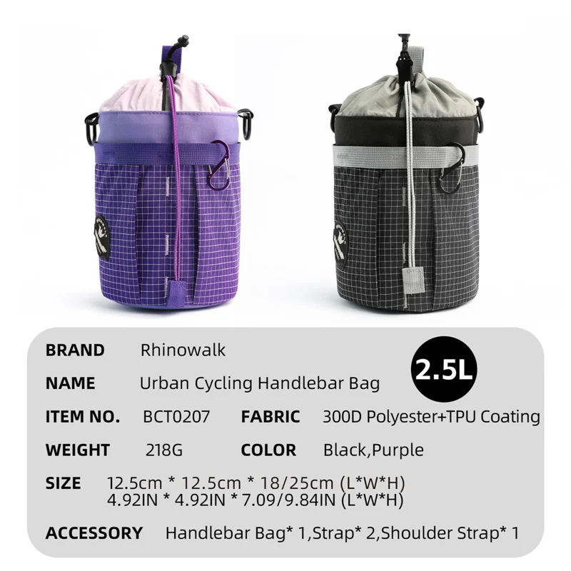 RHINOWALK BCT0207 2.5L Capacity Bicycle Handlebar Bag Foldable Bike Storage Bag with Separate Compartment and Carabiner - Black