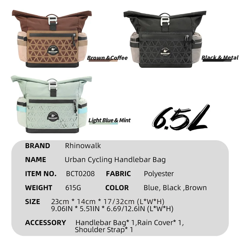 RHINOWALK BCT0208 For Folding Bike 6.5L Handlebar Bag with Shoulder Strap Cycling Storage Bag with Rain Cover - Coffee