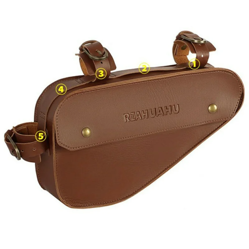 RZAHUAHU YA682 1.5L Waterproof PU Leather Bicycle Frame Bag Triangle Storage for Cycling - Dark Brown