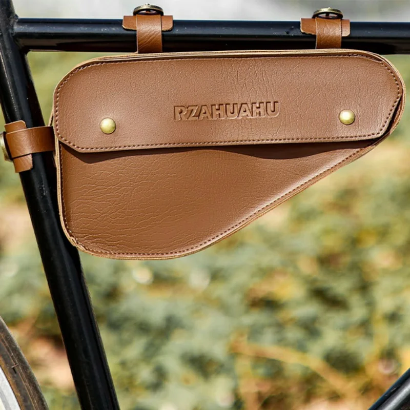 RZAHUAHU YA682 1.5L Waterproof PU Leather Bicycle Frame Bag Triangle Storage for Cycling - Dark Brown